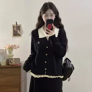 大码胖mm秋冬季新款假两件针织开衫女胖mm撞色翻领毛衣开衫外套