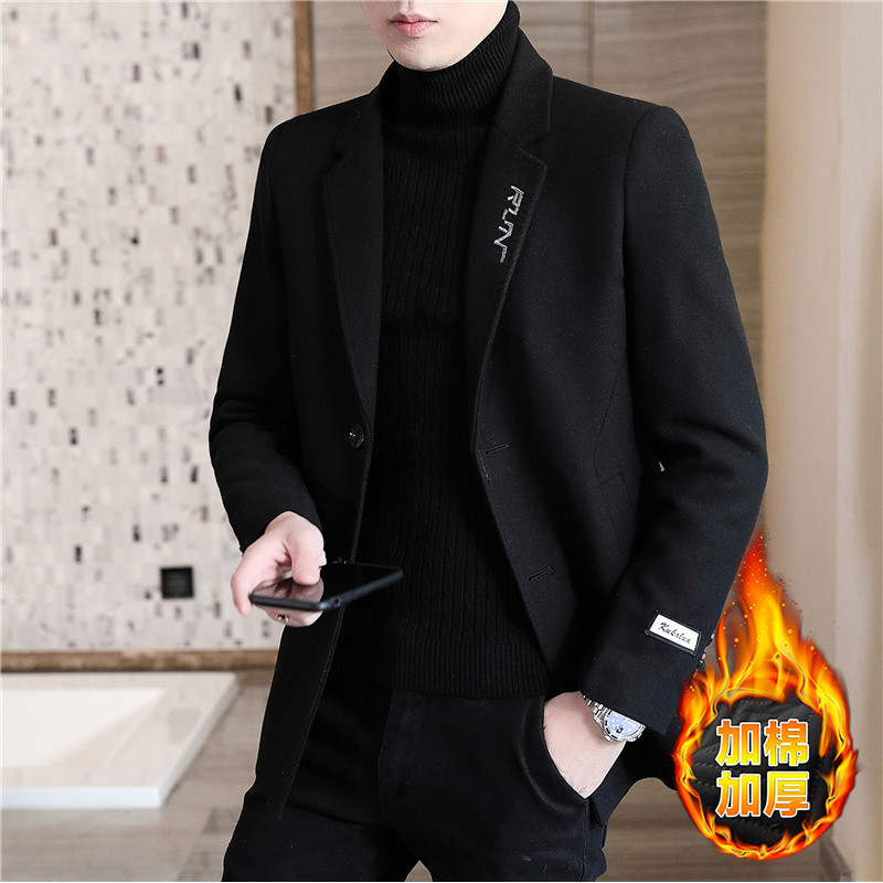 Mid-length Jacket Men's Autumn and Winter Fashionable fleece-lined Thickened Hooded Woolen Coat Fashionable Brand Korean Style Coat