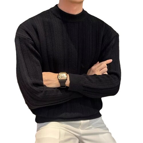 Trendy punk handsome relaxed sense of micro-hollow art design twisted flower solid color comfortable crew neck long sleeve knit sweater for men