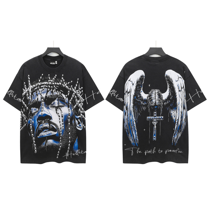 クロスボーダー Hellstar Tシャツ 2025年夏 欧米トレンドブランド レタープリント ゆったり半袖Tシャツ 男女兼用|undefined