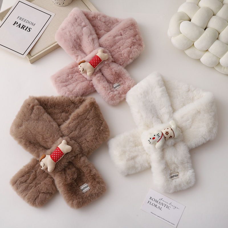 Japanese-Style Cute Cartoon Couple Plush Cross Short Scarf for Women, Winter Warm Versatile Student Neck Warmer Thick