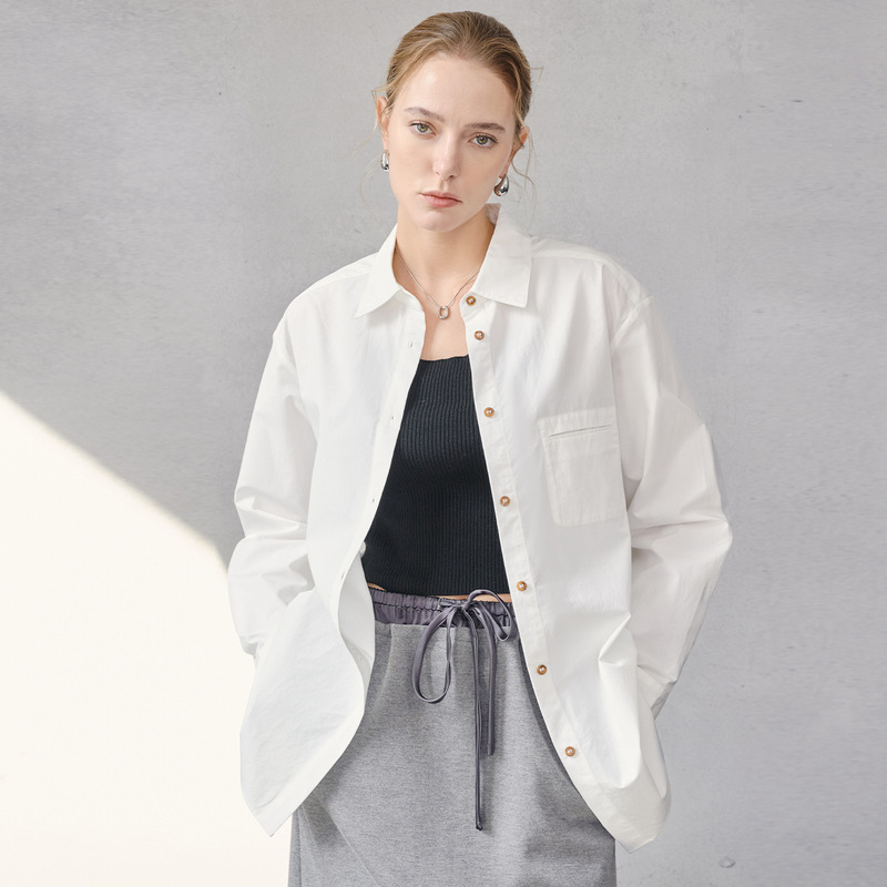 High-End Pima Cotton Shirt, White Women's Spring and Autumn Classic Versatile Collared Shirt, Simple and Elegant Commuter Long-Sleeve Top