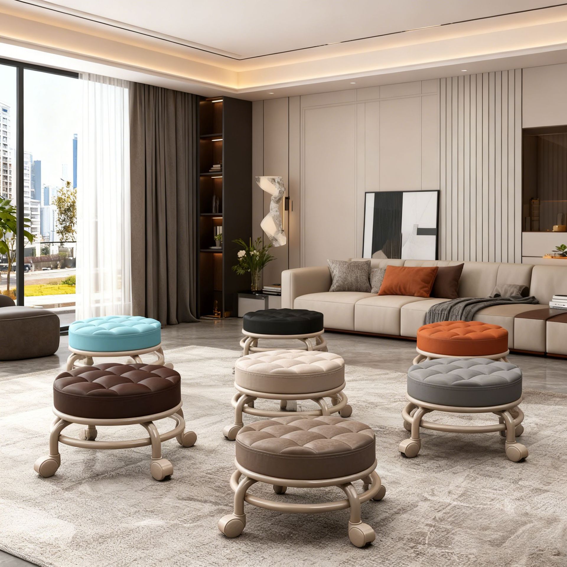 Swivel Stool with Wheels for Long Sitting, Modern Minimalist Mobile Stool with Wheels, Low Stool with Casters, Round Stool for Childcare, Cross-Border