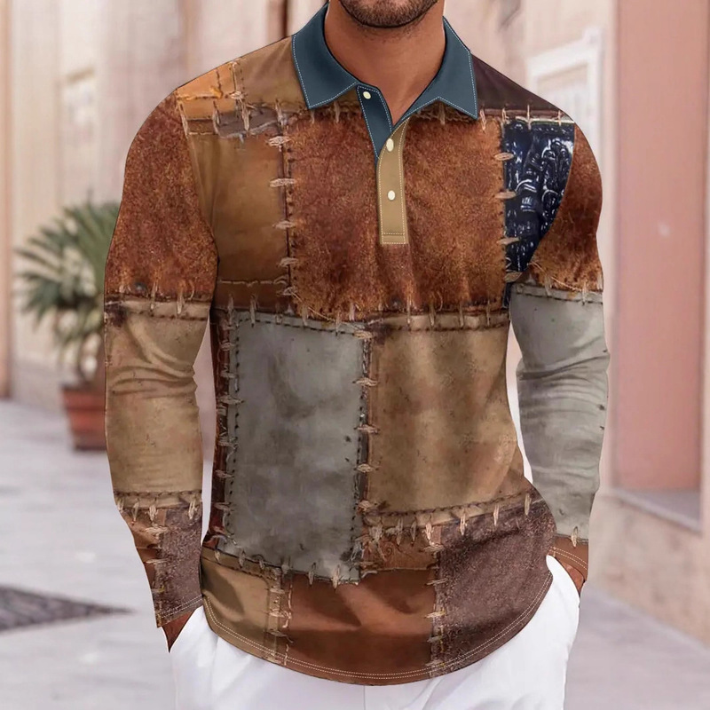 European and American Cross-Border Amazon Men's Casual Tops Retro Style Contrasting Lapel Long-Sleeved 3D Digital Printing Men's Clothing