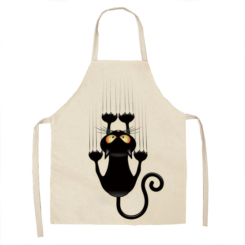 Gato blanco y negro de dibujos animados delantal lino cocina casera sin mangas halter antifouling cintura niños babero