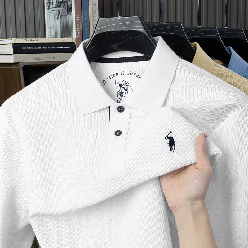 跨境外贸男士全棉亲肤透气长袖刺绣POLO衫春秋翻领高档净版商务恤