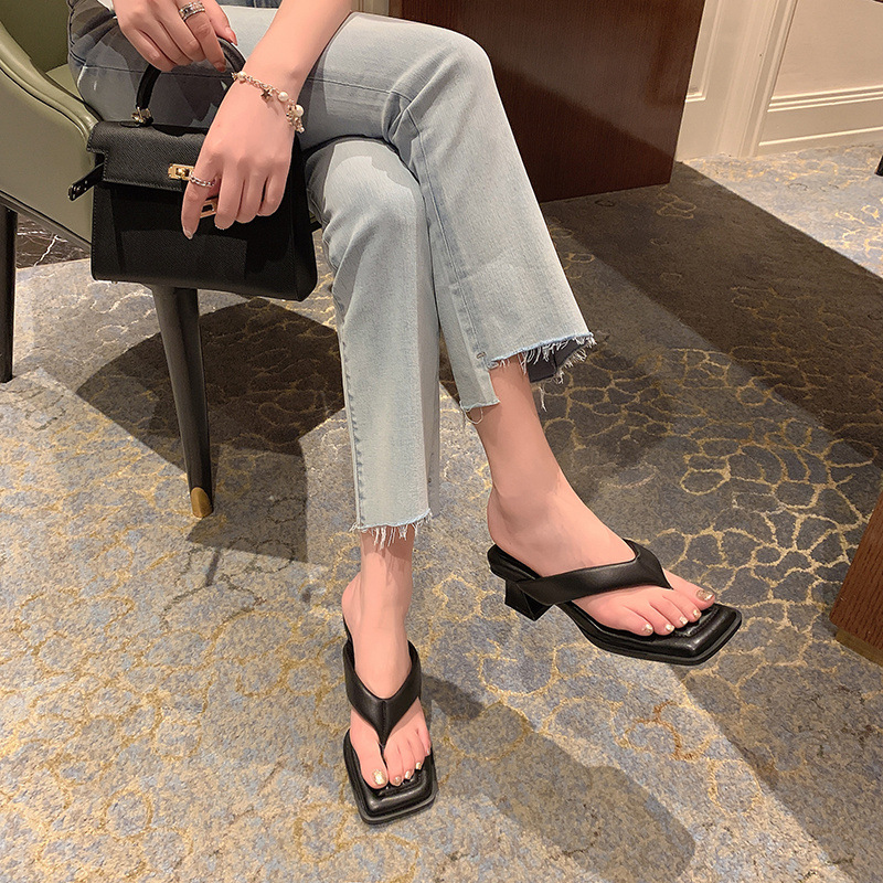 Dép sandal nữ xỏ ngón da cừu mũi vuông gót thấp — Màu đen chi tiết 10