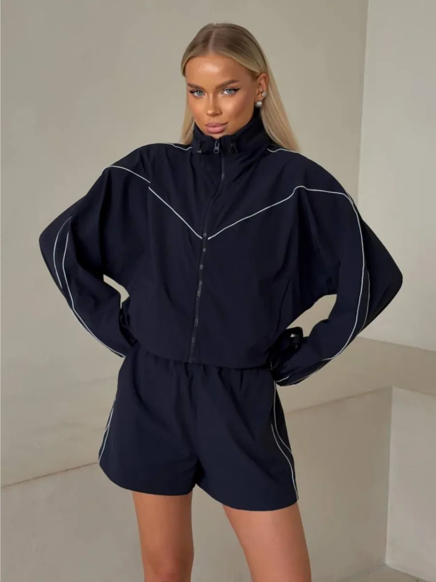 Women's Two Piece Set Solid Long Sleeve Zip Up Cardigan And Shorts_voghion.com