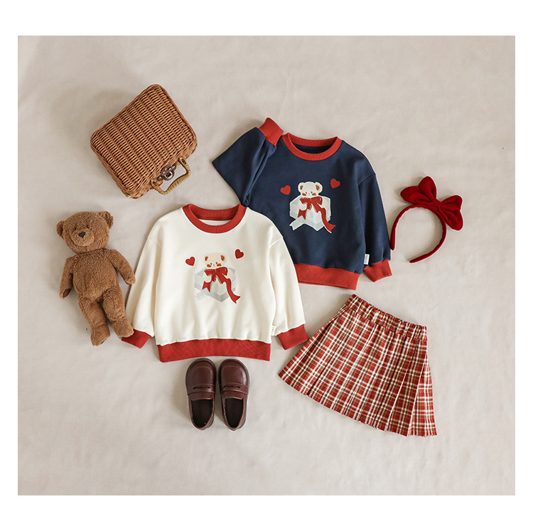 Qiu Duomeng Girls' Cartoon Little Bear Sweater Checkered Set 2024 New Spring and Autumn Children's Top Half Skirt_voghion.com