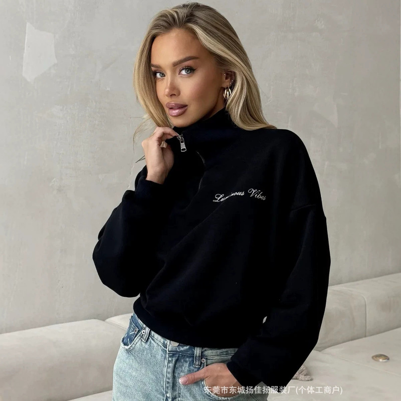 American-style simple, fashionable, unique, versatile, trendy letter-printed oversized loose-fitting slimming half-zip sweatshirt for women American-style simple, fashionable, unique, versatile, trendy letter-printed oversized loose-fitting slimming half-zip sweatshirt for women