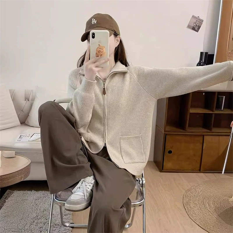 Двойная молния с отворотом и воротником сплошной цвет рукава вязаный кардиган осень-зима новый простой стиль колледжа тонкий свитер куртка женский
