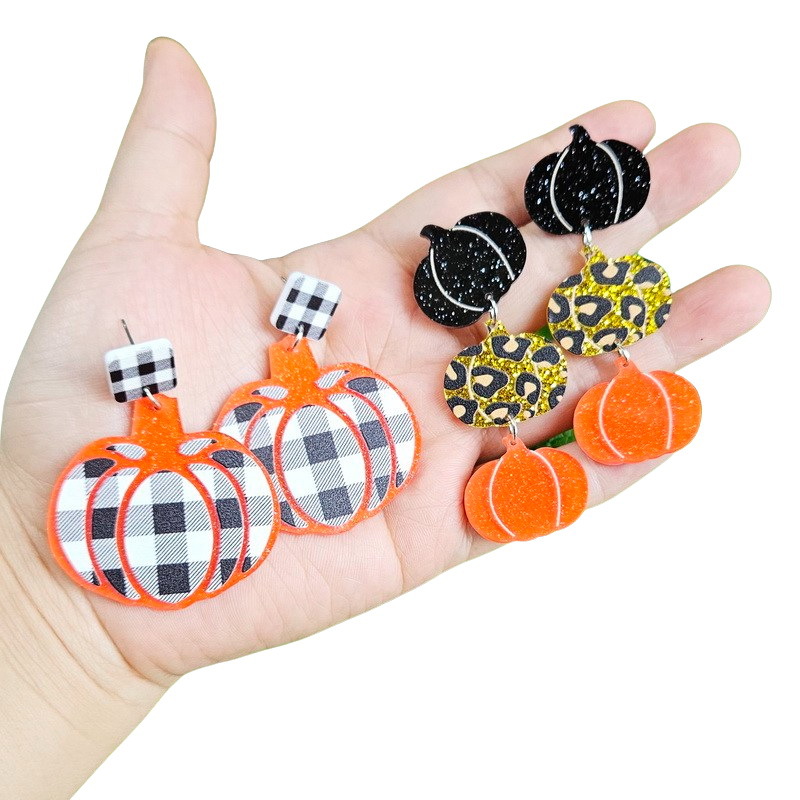 1 Pair Funny Pumpkin Plaid Arylic Drop Earrings display picture 4