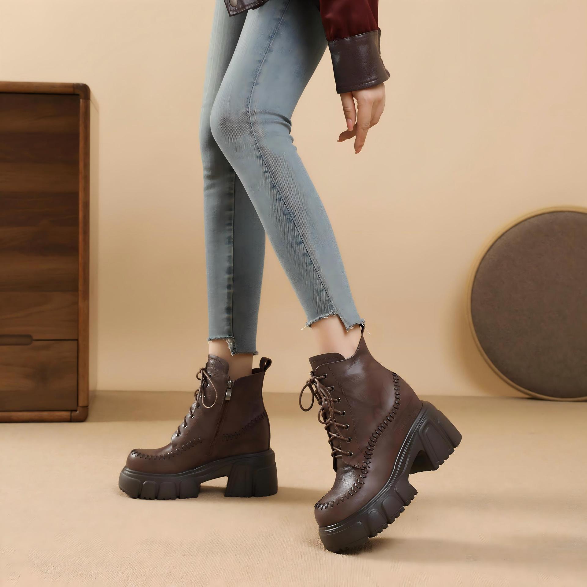 Boot nữ da thật cổ cao ôm bắp chân, đế dày 10 cm, phong cách cổ điển — Lớp lót nhung đen