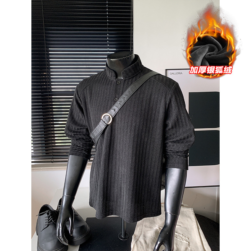 Heavyweight 480g Fishbone Pattern Warm Silver Fox Velvet Henry Collar Long-Sleeve T-Shirt T24549J with Fleece - Special P27