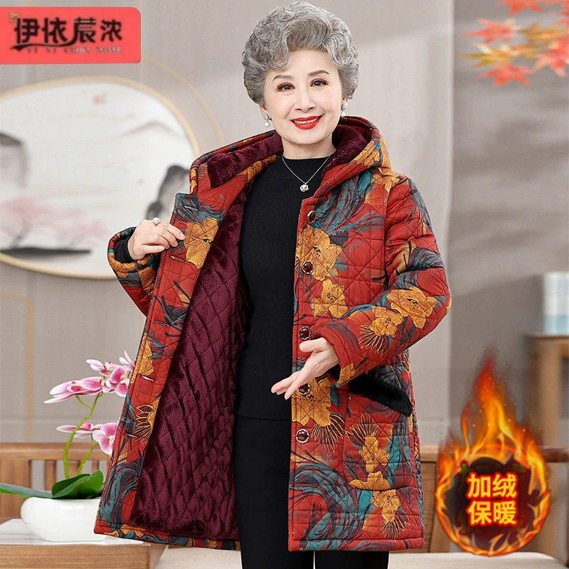 Зимняя одежда для бабушек на флисовой подкладке, пальто с хлопковой подкладкой и капюшоном, Однорядная пуговица, для женщин среднего и пожилого возраста, теща, куртка с хлопковой подкладкой, большой цветок, оптовая продажа, средней длины