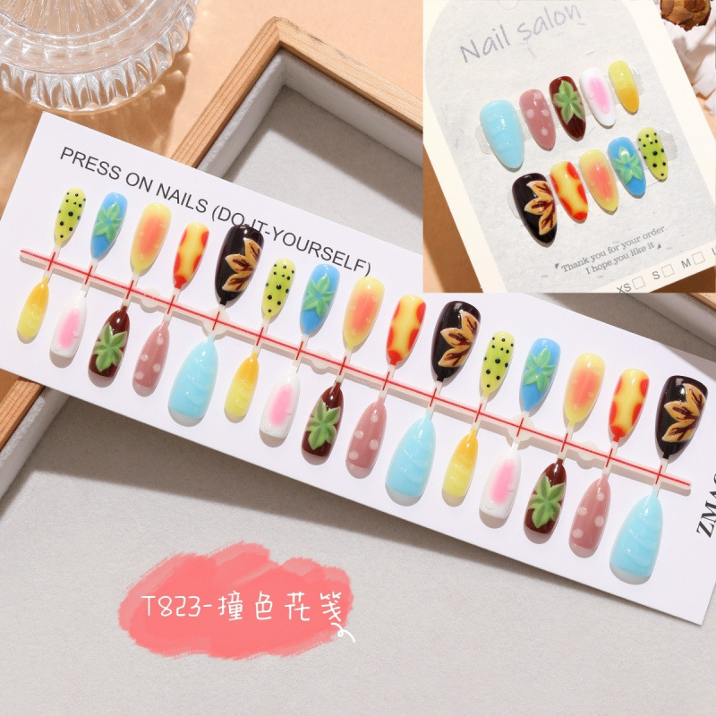 Contrast color floral short almond-shaped American oil painting style 3D wearable nails with water drop flowers hand-painted finished nail art 30 pieces Contrast color floral short almond-shaped American oil painting style 3D wearable nails with water drop flowers hand-painted finished nail art 30 pieces