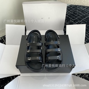 Rhinestone Double C Buckle Three-Row Velcro Sandals 2025 Spring/Summer Three-Strap Round-Toe Open-Toe Beach Shoes