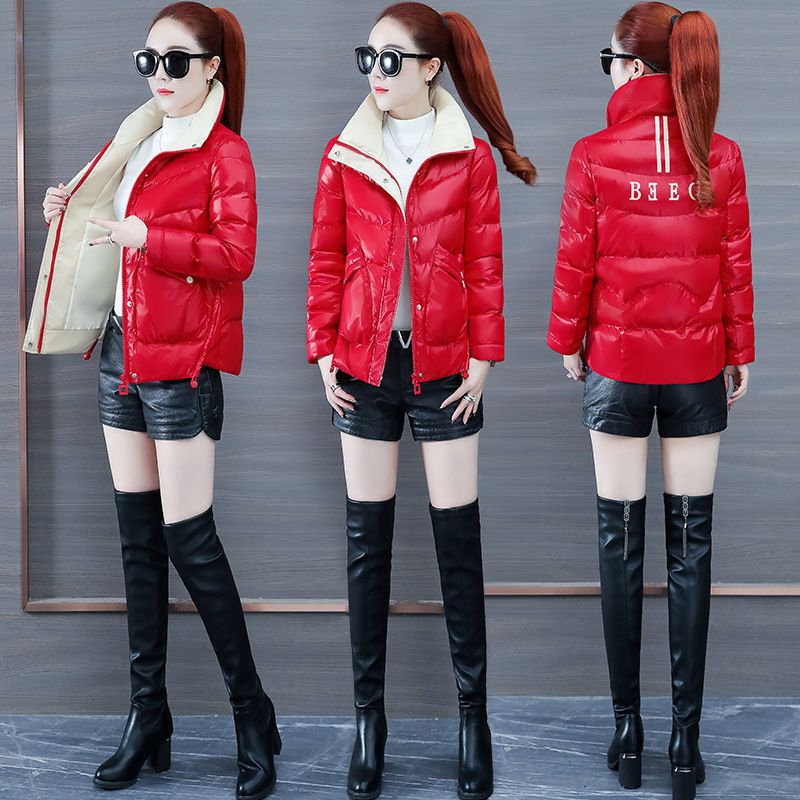 Glossy No-Wash Popular down Cotton Jacket Women's Short Cotton Coat Warm Jacket Trendy Stand Collar Versatile Cotton Jacket