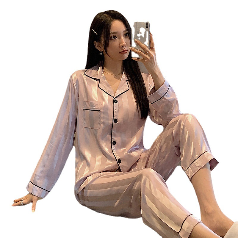 Pijama de 2 Piezas de Seda Helada para Mujer, Manga Larga, Rayas, Hogar, Otoño