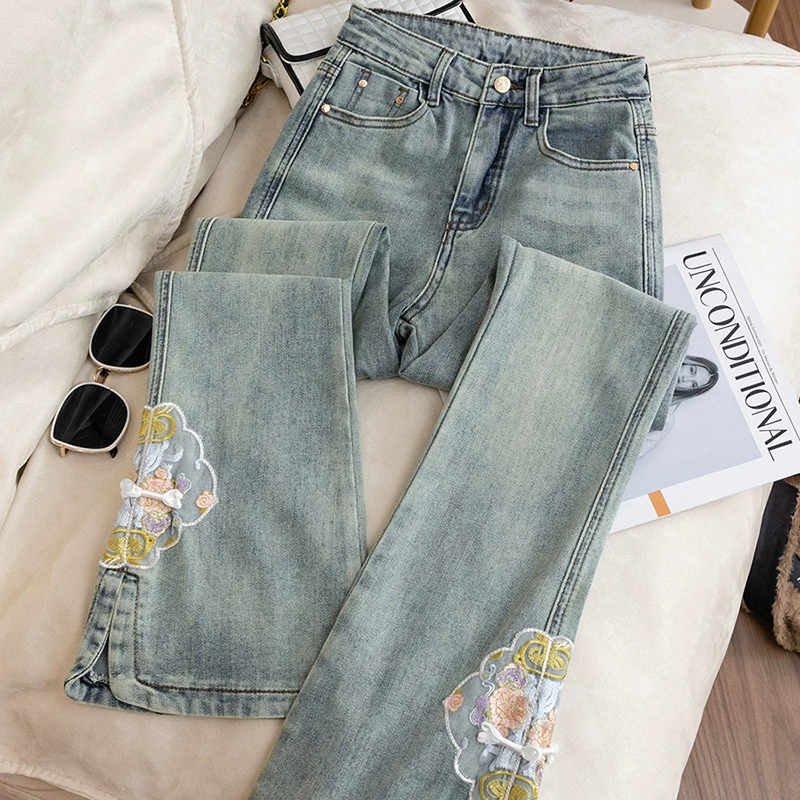 Jeans, demi-season trousers, Chinese style, plus size, 2024 years