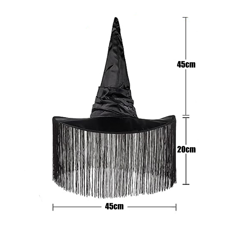 Nuovo cappello da strega in tessuto con frange plissettate per Halloween, colore nero, per feste_voghion.com