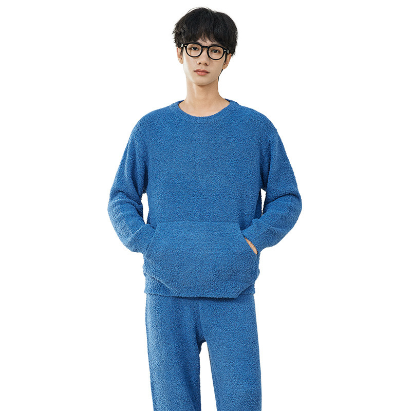 青少年半边绒睡衣男款冬季加厚男高中生圆领套头慵懒风家居服套装|undefined