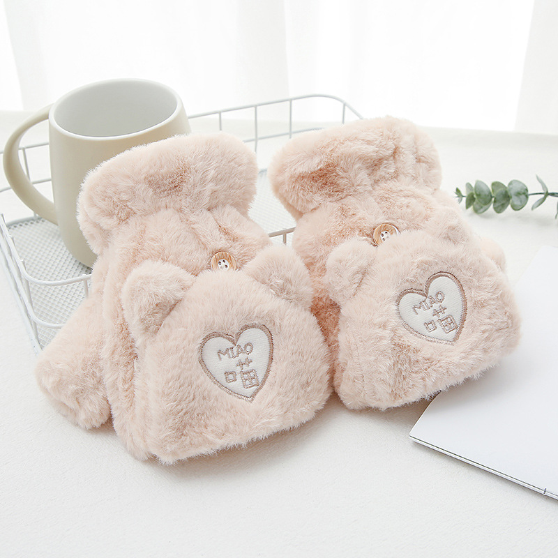 騎車保暖半指翻蓋手套女冬季學生韓版可愛加絨加厚毛線寫字手套潮