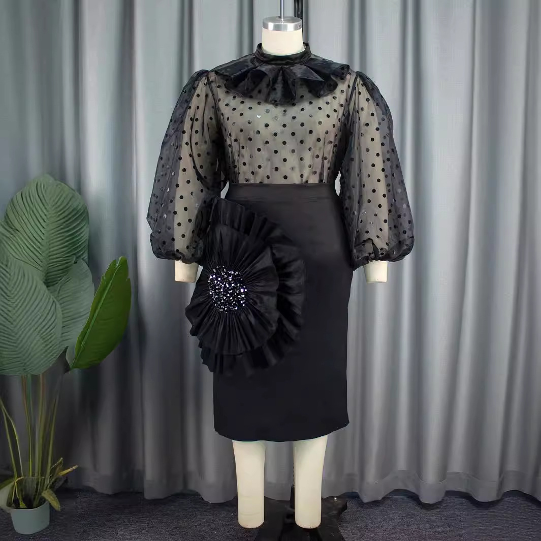 Ropa de mujer Conjunto de dos piezas de blusa de malla con lunares transparentes y falda floral tridimensional Conjunto de dos piezas_voghion.com