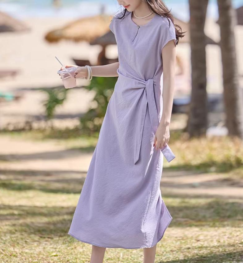 Đầm maxi nữ thắt eo tay ngắn dáng suông, thiết kế dây rút eo tôn dáng, phong cách Pháp thanh lịch mùa hè 2026 — Xanh tím chi tiết 3