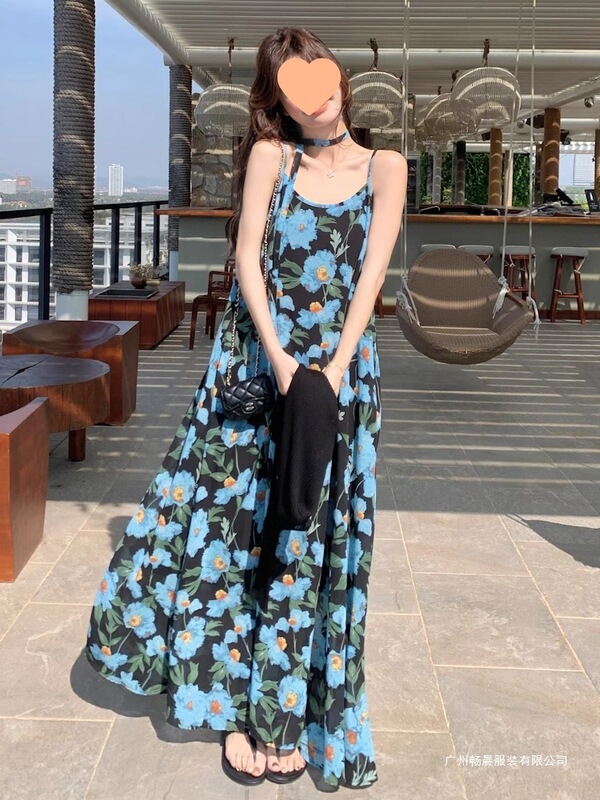 Beach Vacation Blue Floral Suspender Dress for Women 2026 Spring and Summer Knitwear Elegant Chiffon Beach Dress Polyester