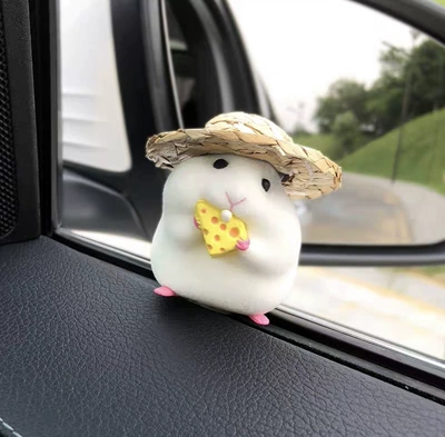 Car ornaments — Accessories - straw-hat-gray-cheese-hamster