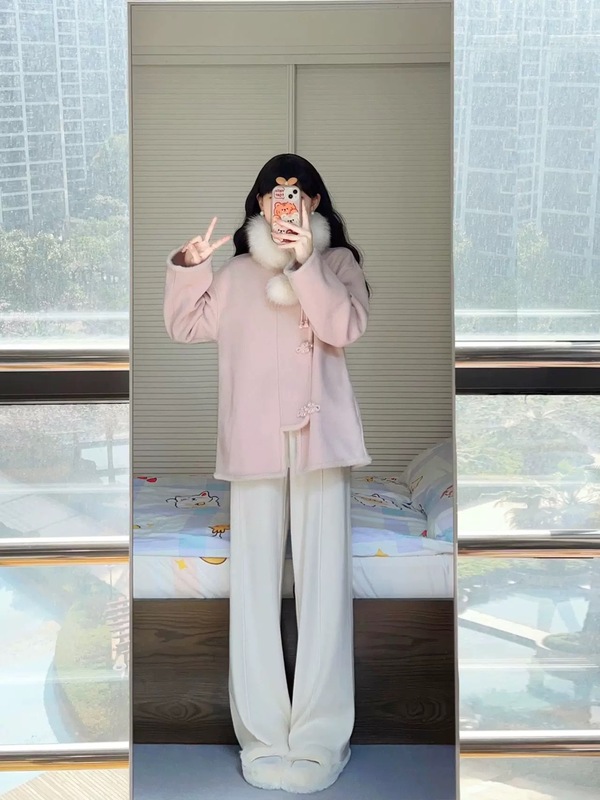 新中式粉色小香风外套女秋冬2025新款小个子加厚中长款毛呢大衣|undefined