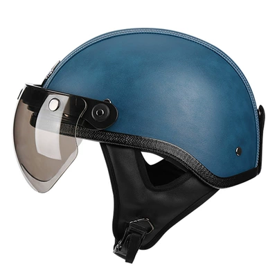 men's and women's four seasons fashion, Motosiklet kaskı (dəbilqə) - blue-leather-brim-w-mirror-m56-57cm