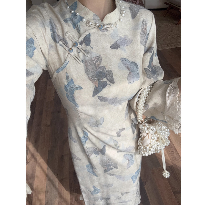 蝴蝶引-2025秋新款复古新中式蝴蝶印花改良旗袍裙子女气质连衣裙|undefined