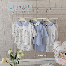 87029儿童家居服a类棉质开衫2026夏季新款女童棉纱宽松睡衣两件套