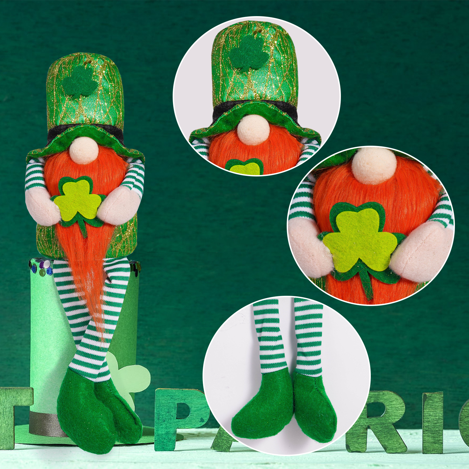 Transfronterizo irlandés Día de Patricio decoración muñeca verde creativa rosa brillante hoja verde adornos enanos Rudolf