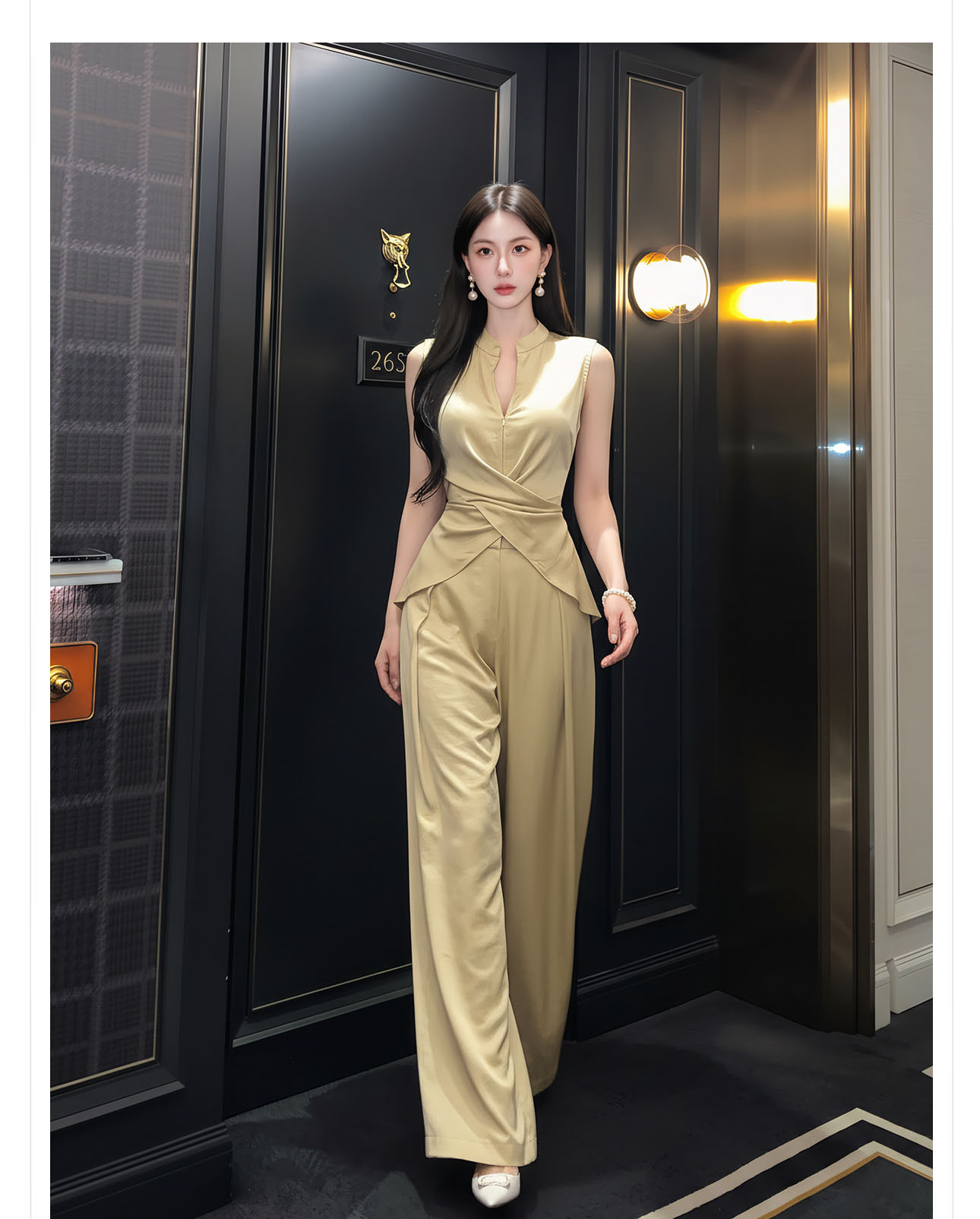 Bộ áo không tay phối quần ống cao cạp cao nữ hai mảnh — Áo màu kaki, Bộ đồ màu kaki, Quần kaki chi tiết 5