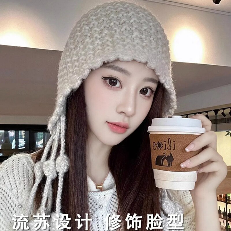 日系网红流苏毛线帽子女秋冬季雷锋帽韩版甜美可爱护耳包头针织帽|undefined