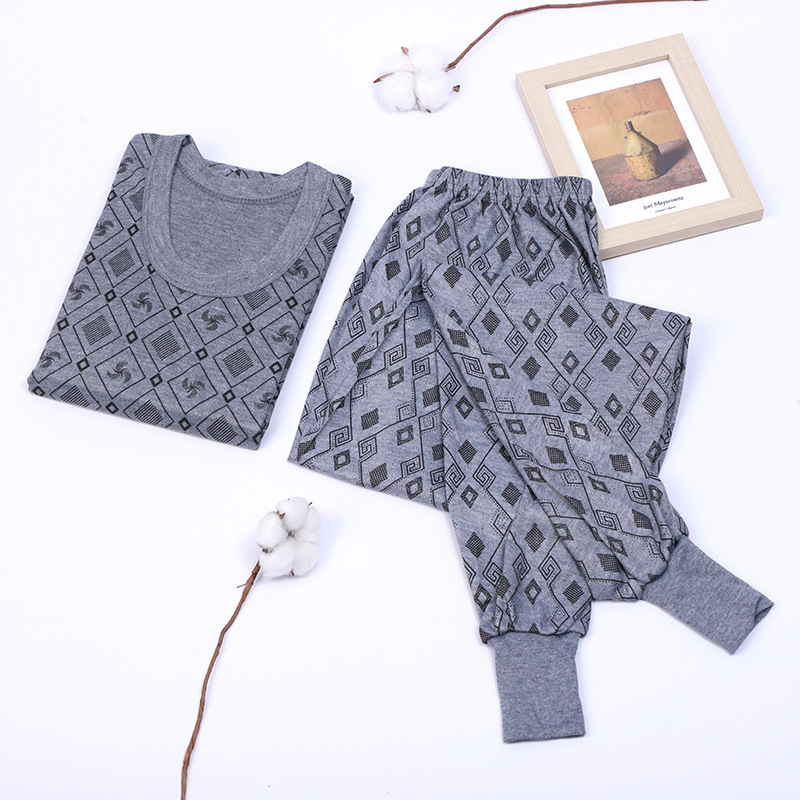 Men's Autumn Thermal Underwear Set with Print, Loose Fit for Middle-Aged and Elderly, Large Size, Warm and Heat-Generating for Street Stalls