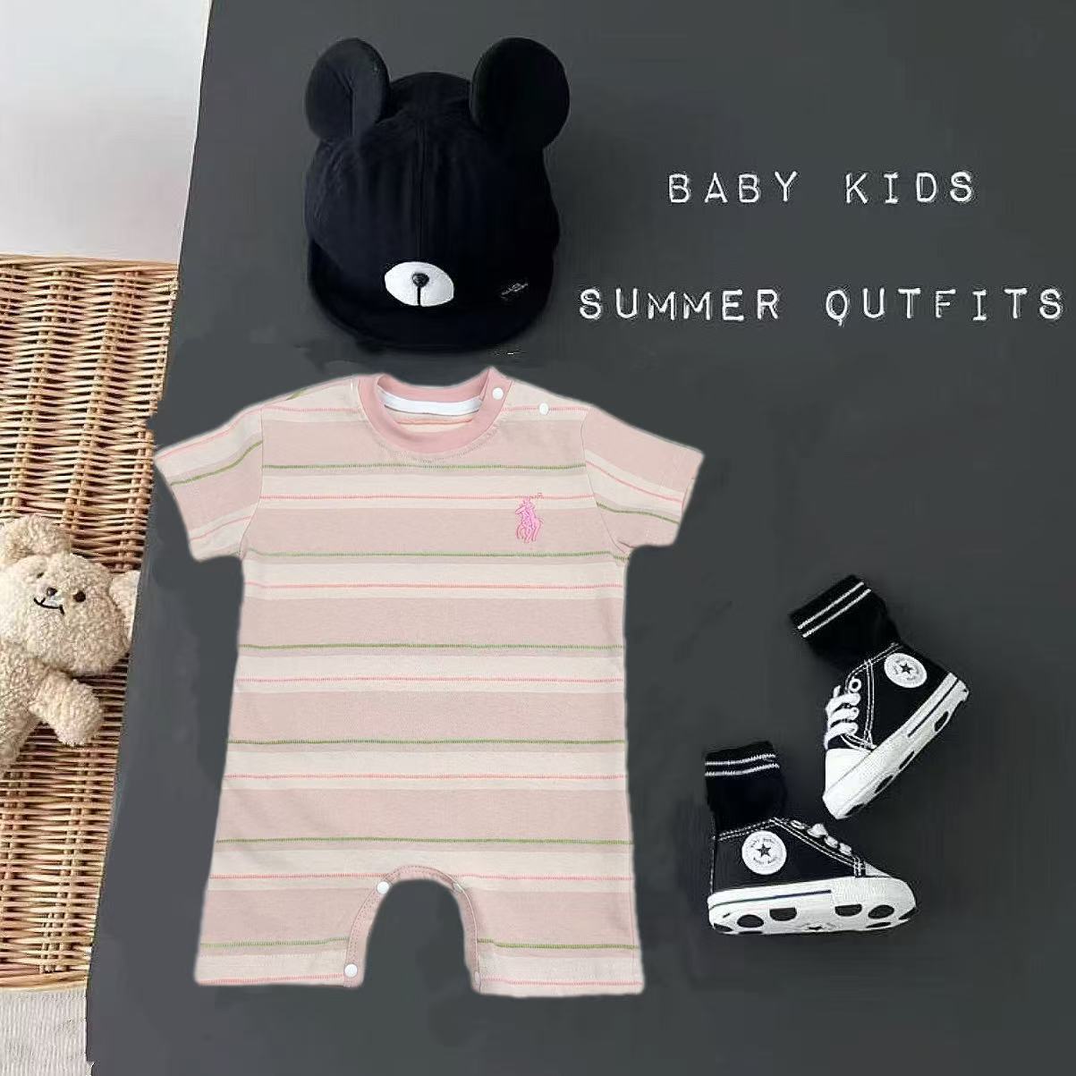 Striped Summer Korean-Style Universal Short-Sleeve Romper Baby Crawling Suit Lightweight Pure Cotton Pink Stripes