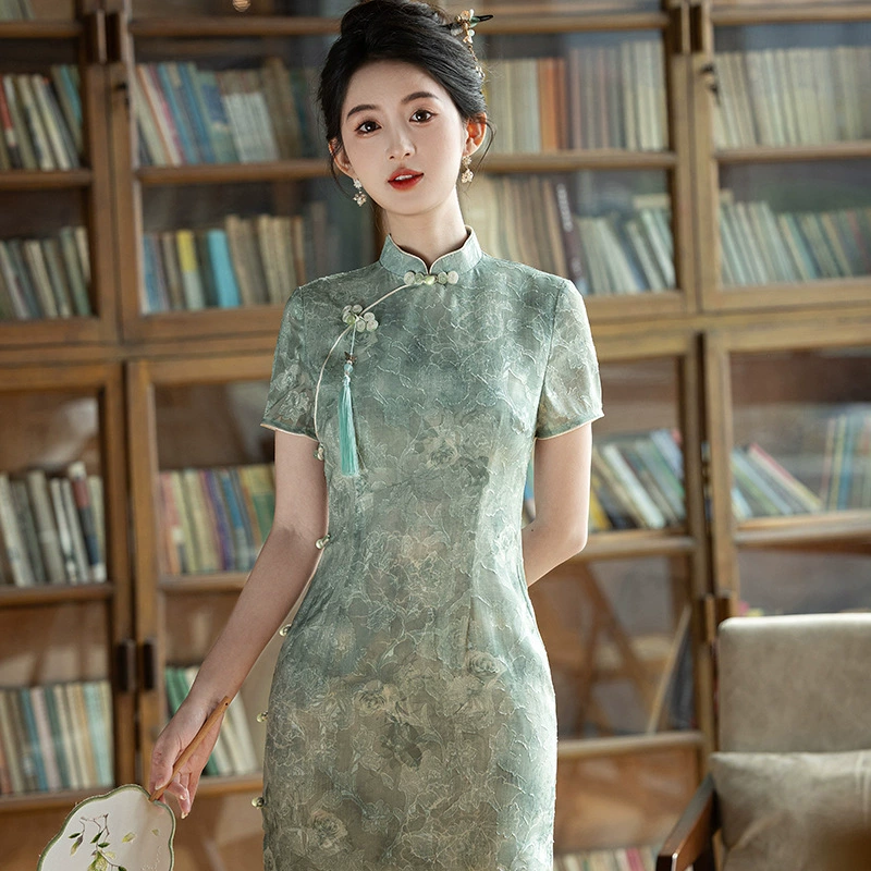 2025 новый Cheongsam Spring длинный двухслойный корейский пряжа простой и модный тонкий ретро высокого класса cheongsam