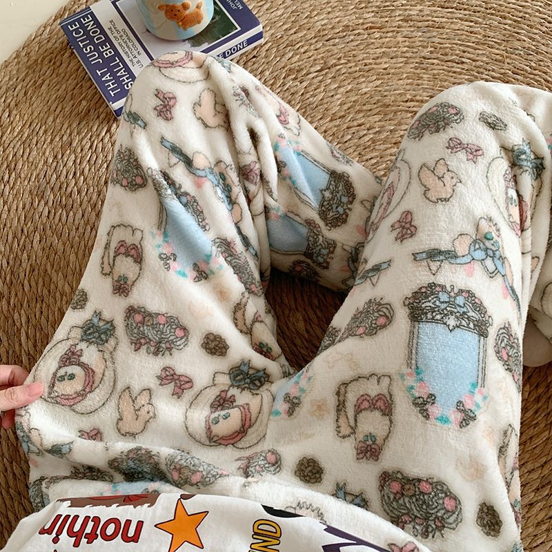 Pantalones de pijama de franela de dibujos animados de otoño y invierno para mujeres con pantalones de lana de coral caliente para estudiantes de lana de invierno para el hogar