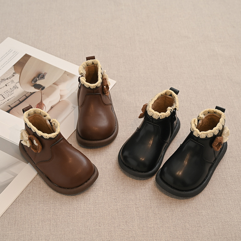 Children's Boots Korean Style 2025 Autumn and Winter New Fashion Girls Flower Baby Retro Stitching Girls Short Boots