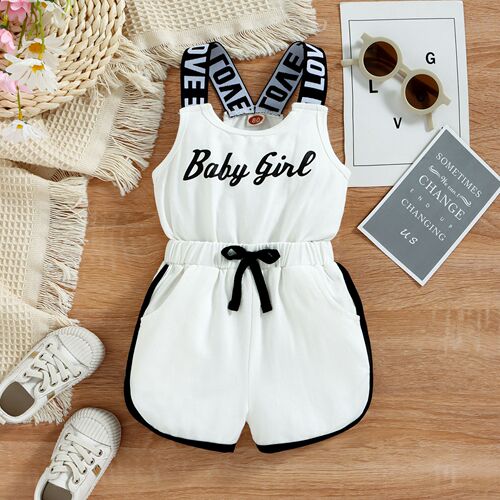 Cross-border children's clothing Amazon Instagram girl's letter print pull-on romper with spaghetti straps and bow tie romper dress