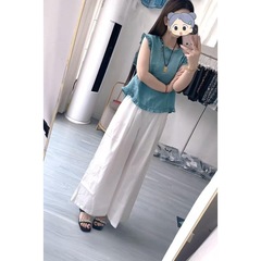 フレンチスタイル2025夏服、ラウンドネック、爽やかなパンツ、エレガントなデザイン、年齢軽減、万能な半袖レディーストップス