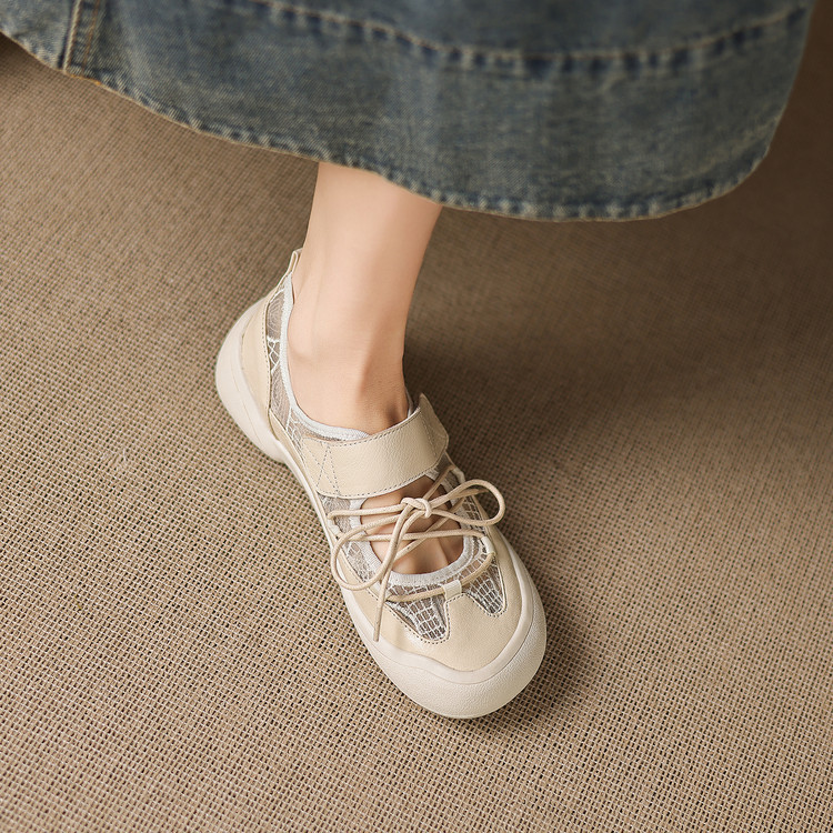 Giày sneaker nữ đế dày ren lưới phối màu cổ thấp — màu trắng ngà chi tiết 28