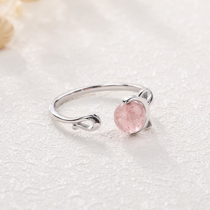 7g Weight Strawberry Quartz Inlay Material Open Rings Classification 1 Piece Quantity 925 Sterling Silver Strawberry Quartz Round Open Rings