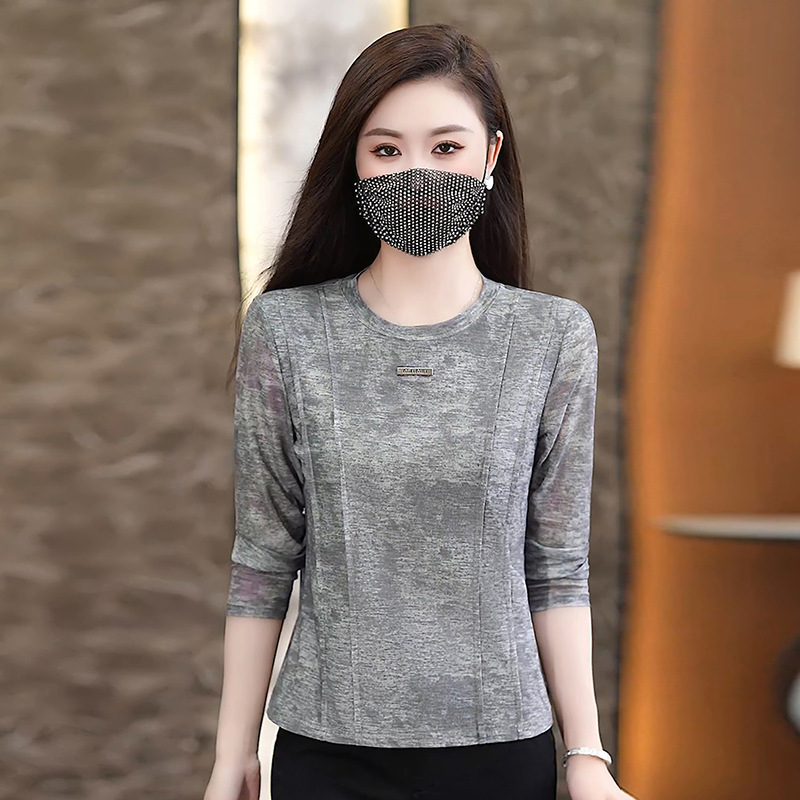 2025早秋新款时尚修身显瘦长袖T恤女灰色圆领简约打底衫薄款上衣|undefined