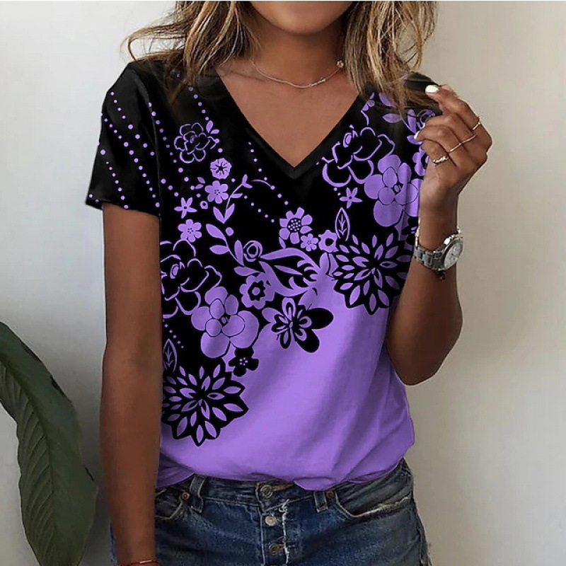 Summer European and American foreign trade women's clothing, new V-neck top with 3D rose and morning glory graphic T-shirt Summer European and American foreign trade women's clothing, new V-neck top with 3D rose and morning glory graphic T-shirt