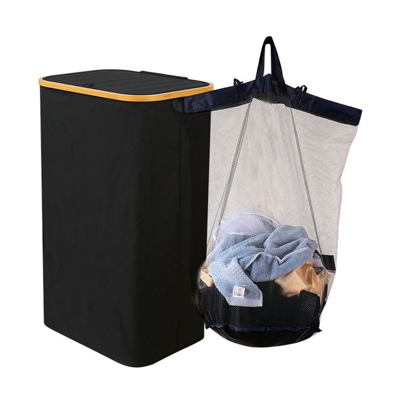 Cesta de ropa sucia transfronteriza con bolsillo interior con cubierta de bambú y madera plegable Cesta de almacenamiento de ropa sucia Cesta de ropa sucia